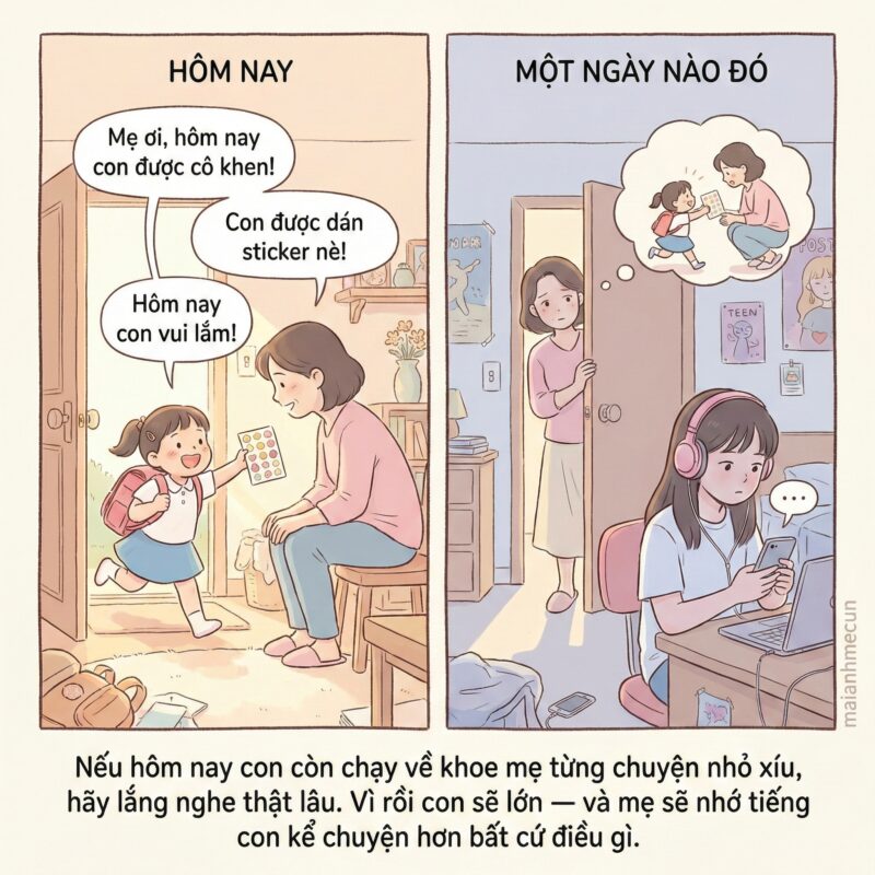 Mỗi chiều con đi học về, việc đầu tiên là chạy lại khoe mẹ: “Ba mẹ ơi, hôm nay con được cô khen!” “Con được dán sticker nè!” “Hôm nay con vui lắm!” Chỉ là những chuyện nhỏ xíu thôi — một cái...