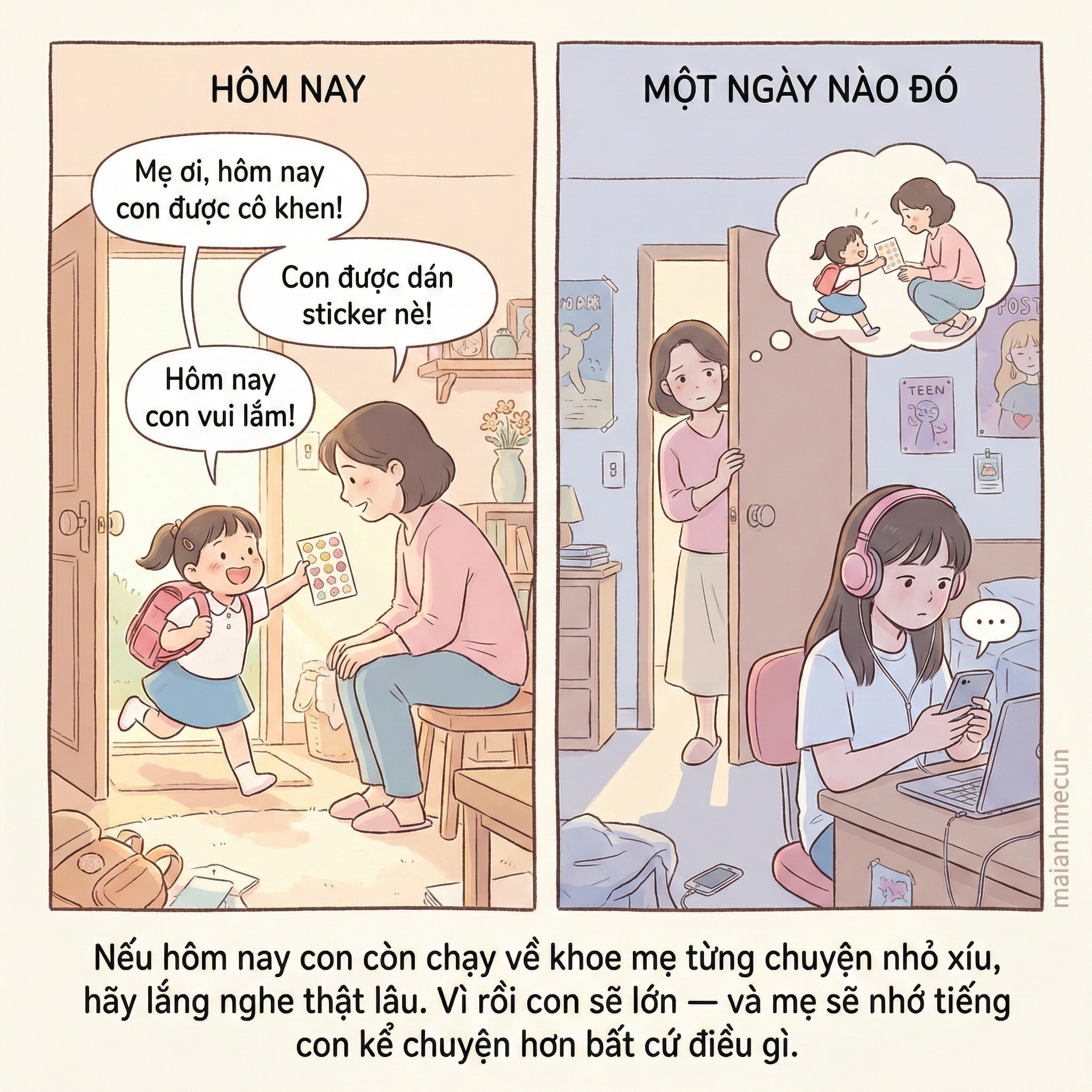 Mỗi chiều con đi học về, việc đầu tiên là chạy lại khoe mẹ: “Ba mẹ ơi, hôm nay con được cô khen!” “Con được dán sticker nè!” “Hôm nay con vui lắm!” Chỉ là những chuyện nhỏ xíu thôi — một cái...