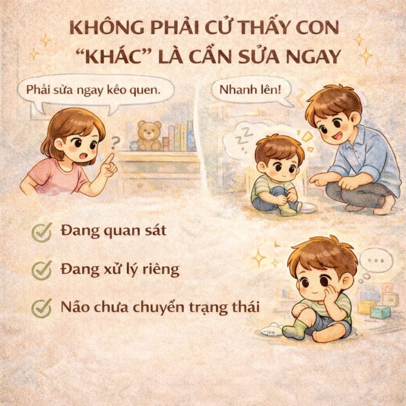 KHÔNG PHẢI CỨ THẤY CON “KHÁC” LÀ CẦN SỬA NGAY Rất nhiều bố mẹ lo lắng khi thấy con: -Làm chậm hơn bạn -Không làm giống người lớn