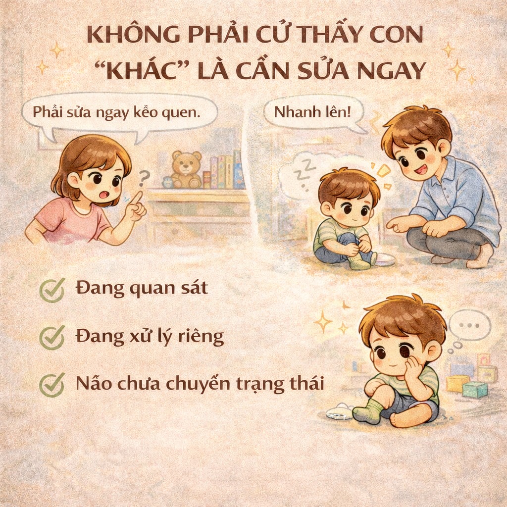 KHÔNG PHẢI CỨ THẤY CON “KHÁC” LÀ CẦN SỬA NGAY Rất nhiều bố mẹ lo lắng khi thấy con: -Làm chậm hơn bạn -Không làm giống người lớn
