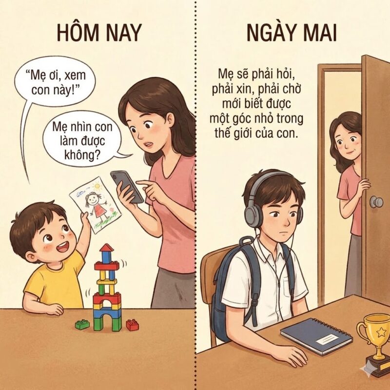 Ngày hôm nay, con chạy tới với đôi mắt sáng rực: “Mẹ ơi, xem con này!”