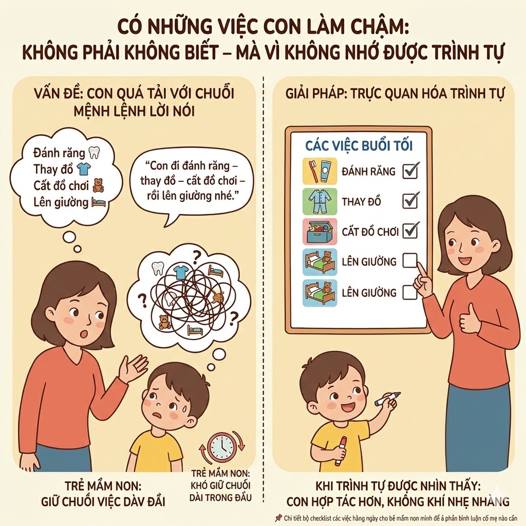 CÓ NHỮNG VIỆC CON LÀM CHẬM KHÔNG PHẢI VÌ CON KHÔNG BIẾT – MÀ VÌ CON KHÔNG NHỚ ĐƯỢC TRÌNH TỰ Rất nhiều bố mẹ nghĩ rằng chỉ cần nói rõ thì con sẽ làm được.