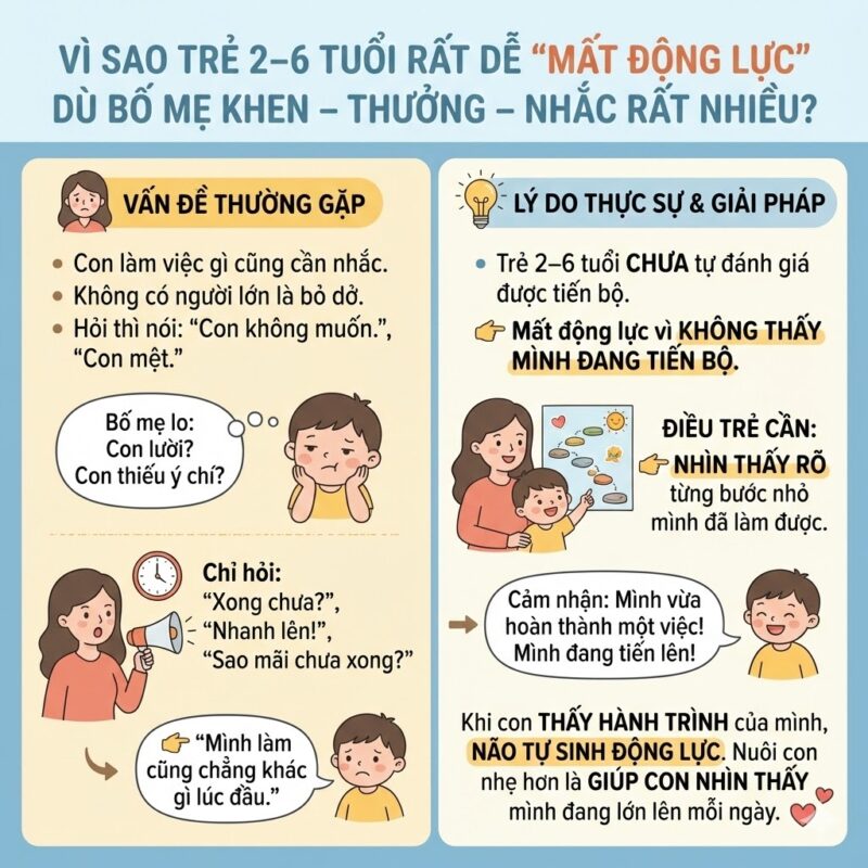 VÌ SAO TRẺ 2–6 TUỔI RẤT DỄ “MẤT ĐỘNG LỰC” DÙ BỐ MẸ KHEN – THƯỞNG – NHẮC RẤT NHIỀU?** Có một điều nhiều bố mẹ đang gặp mà không để ý: