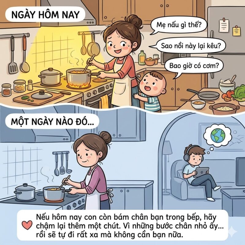 Ngày hôm nay, mỗi lần mẹ bước vào bếp, con lại chạy theo sau như cái bóng nhỏ.